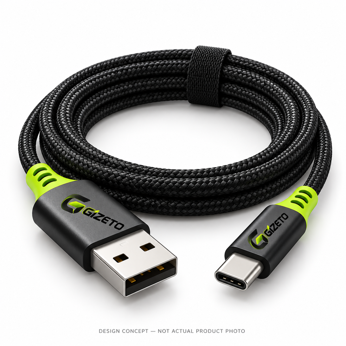 AI-generated Gizeto USB-A to USB-C Cable design concept — not an actual product photograph; specifications and manufacturing unconfirmed.